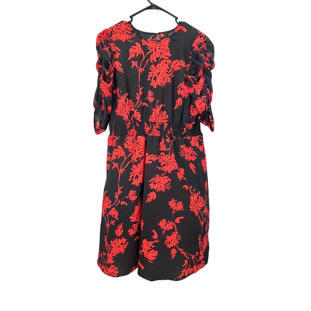 Romantic Black Red Floral Ruched Puff Sleeve Smocked Midi Dress XXL Whimsigoth